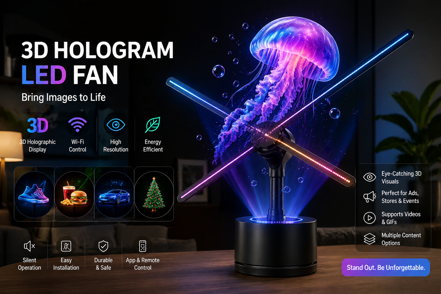 Revolutionary 3D Hologram Fan Projector - Captivating Advertising Display Light for Stores, Bars, Parties, and Holidays